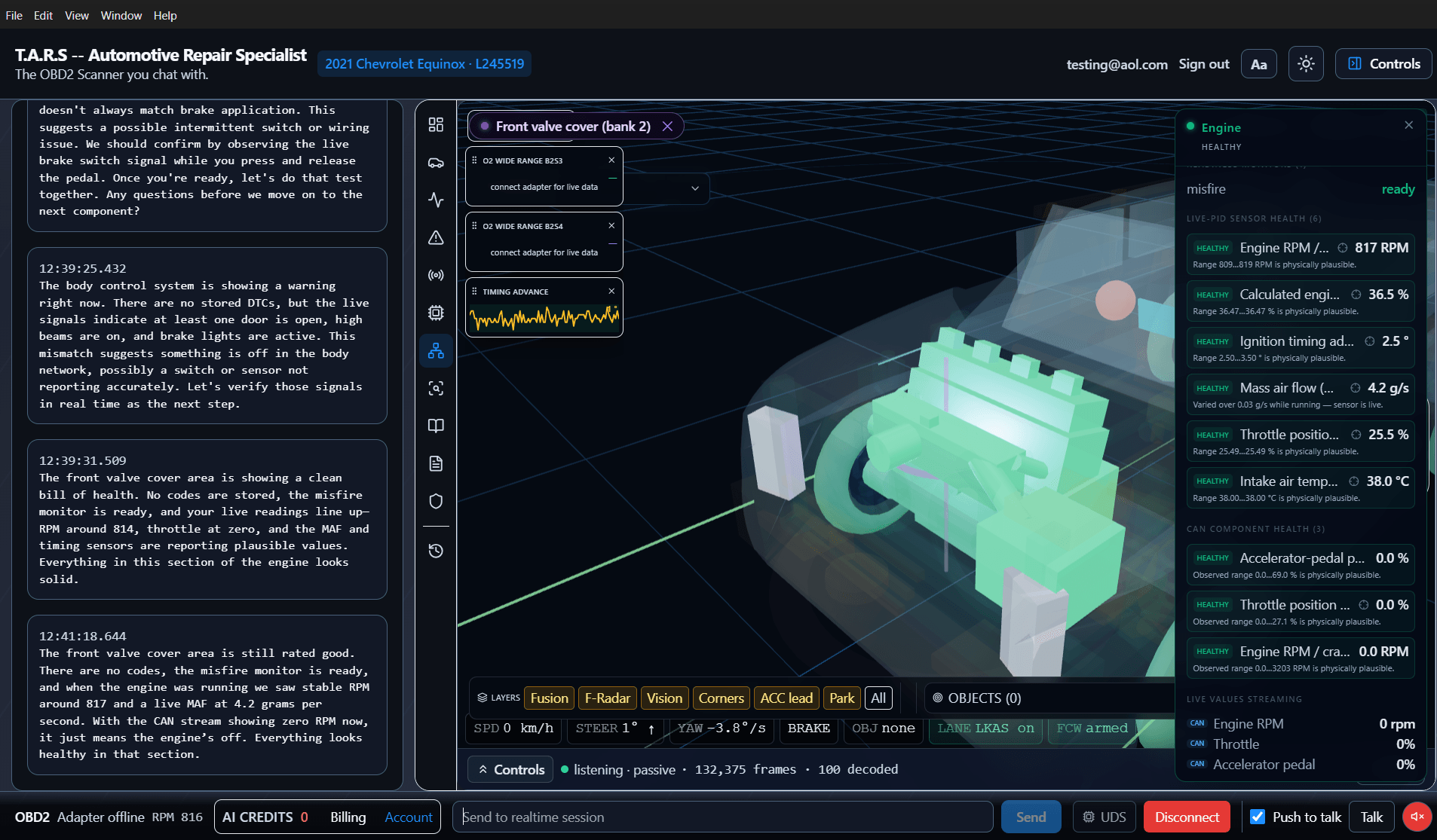 Live 3D vehicle digital twin — per-component health fused from OBD-II PIDs, Mode $06 monitors, and CAN signals (2021 Chevrolet Equinox).